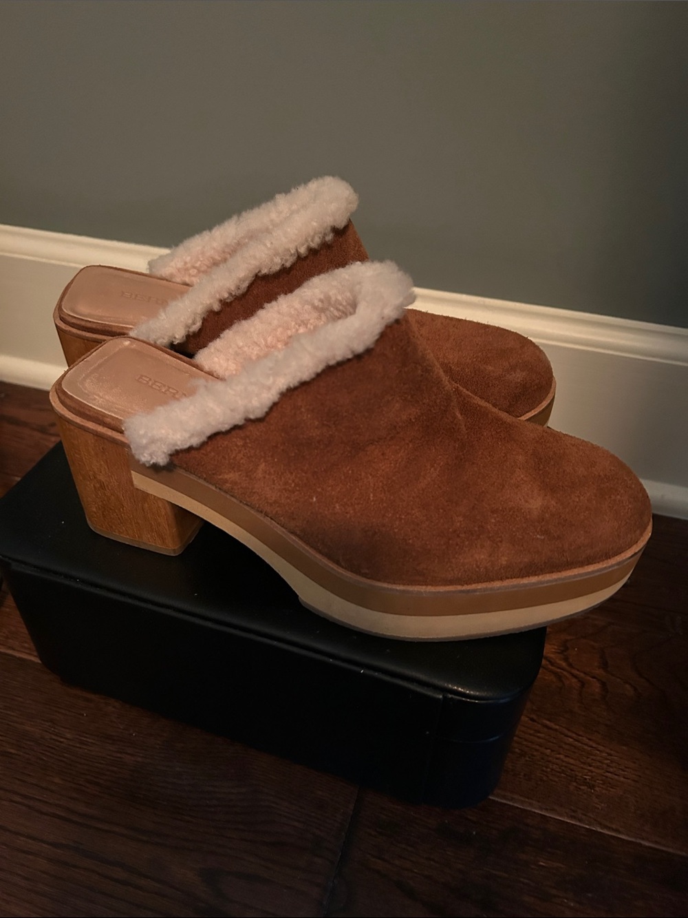 Bernardo Tan Suede Shearling Mule Clogs